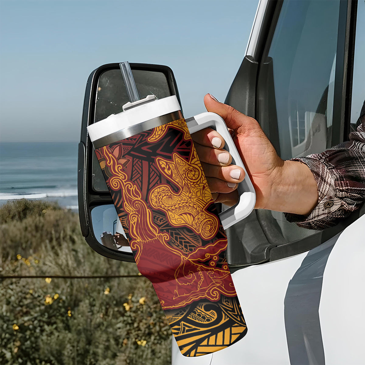 Hawaiian Volcano and Shark Tumbler With Handle Polynesian and Hibiscus Pattern Lava Color LT03 - Polynesian Pride