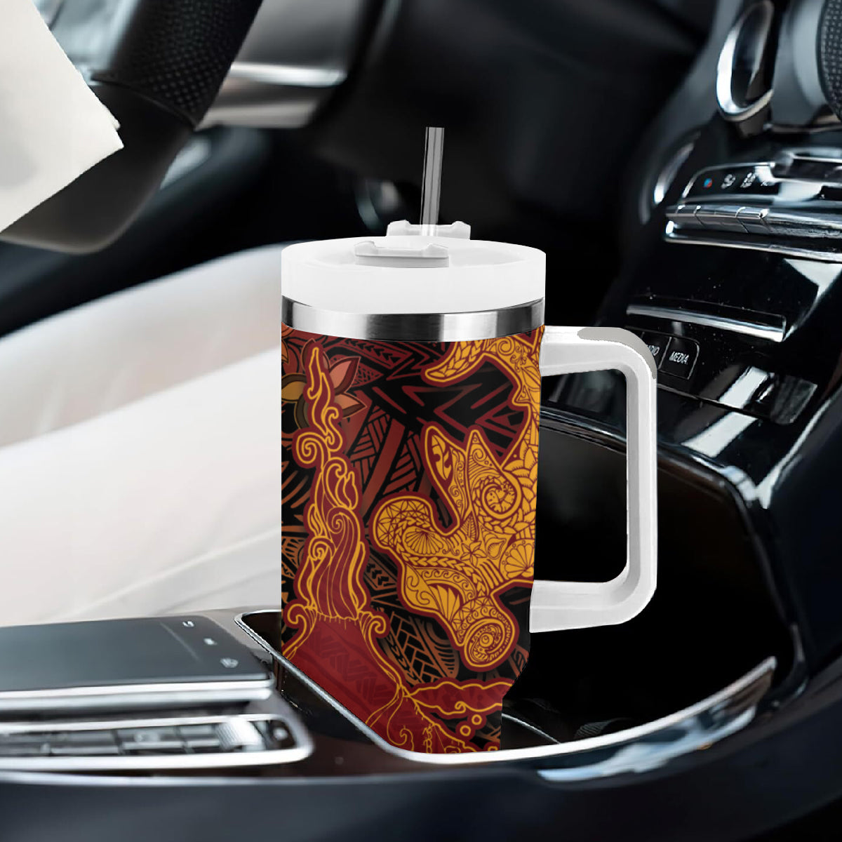Hawaiian Volcano and Shark Tumbler With Handle Polynesian and Hibiscus Pattern Lava Color LT03 - Polynesian Pride