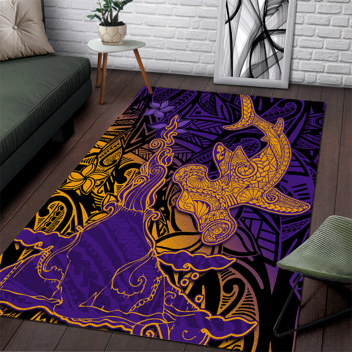 Hawaiian Volcano and Shark Area Rug Polynesian and Hibiscus Pattern Purple Yellow Gradient LT03 Purple - Polynesian Pride