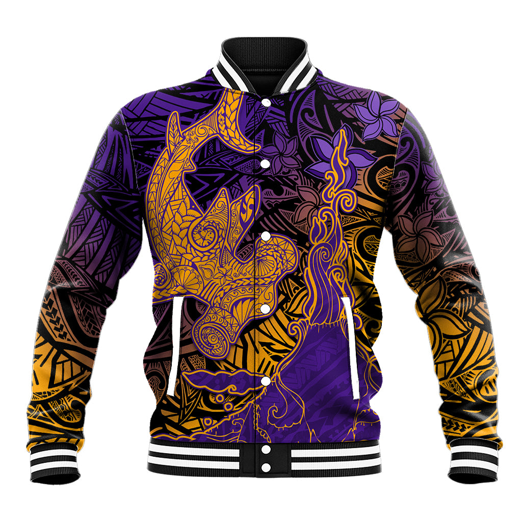 Hawaiian Volcano and Shark Baseball Jacket Polynesian and Hibiscus Pattern Purple Yellow Gradient LT03 Unisex Purple - Polynesian Pride