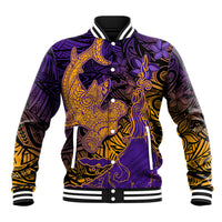 Hawaiian Volcano and Shark Baseball Jacket Polynesian and Hibiscus Pattern Purple Yellow Gradient LT03 Unisex Purple - Polynesian Pride