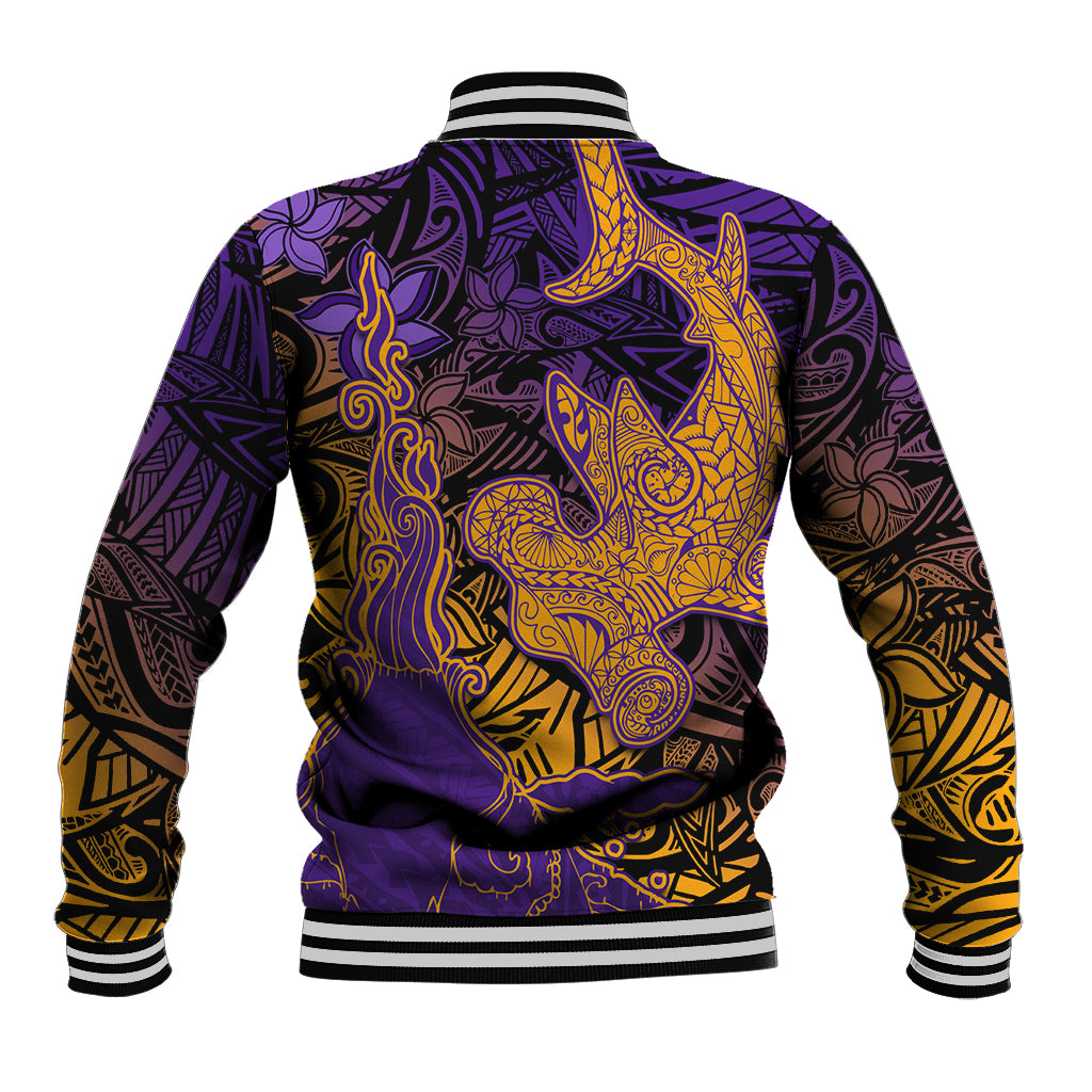 Hawaiian Volcano and Shark Baseball Jacket Polynesian and Hibiscus Pattern Purple Yellow Gradient LT03 - Polynesian Pride
