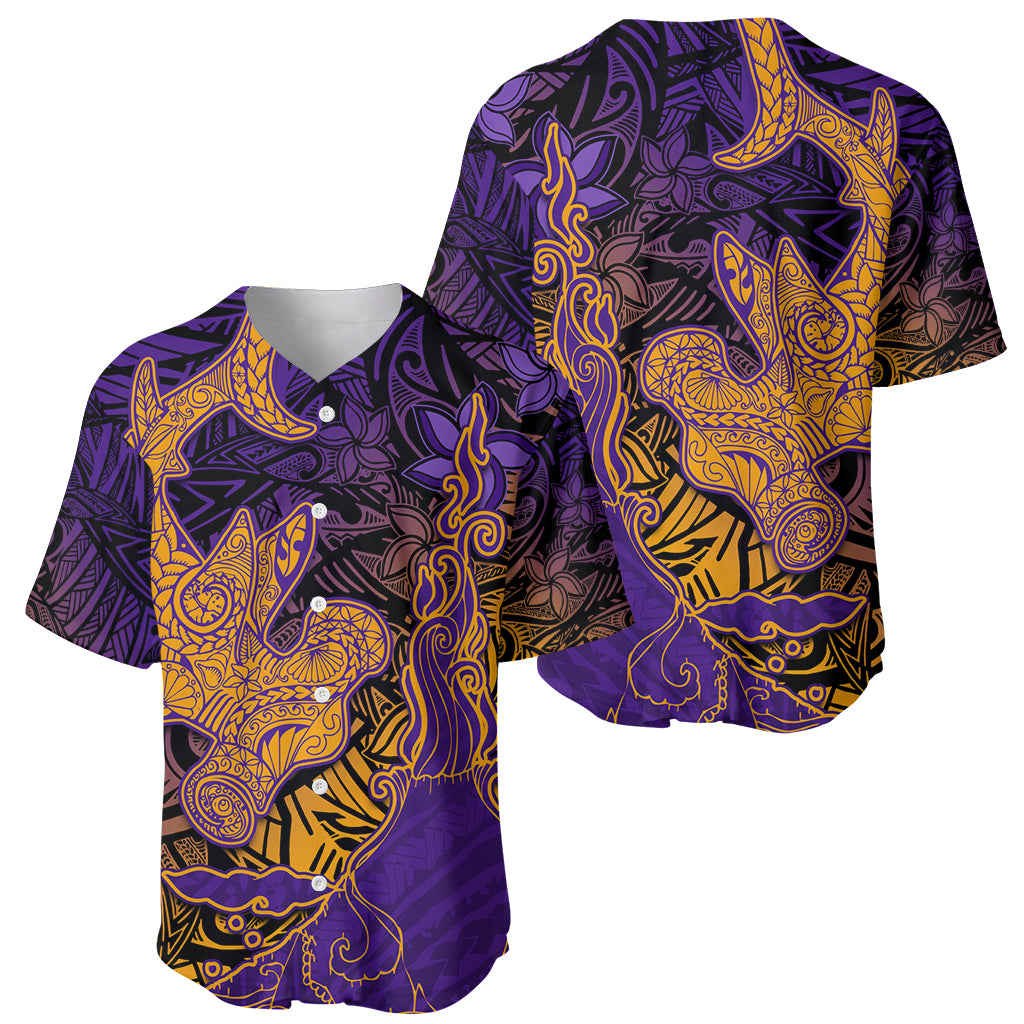 Hawaiian Volcano and Shark Baseball Jersey Polynesian and Hibiscus Pattern Purple Yellow Gradient LT03 - Polynesian Pride