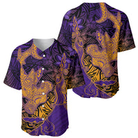 Hawaiian Volcano and Shark Baseball Jersey Polynesian and Hibiscus Pattern Purple Yellow Gradient LT03 - Polynesian Pride