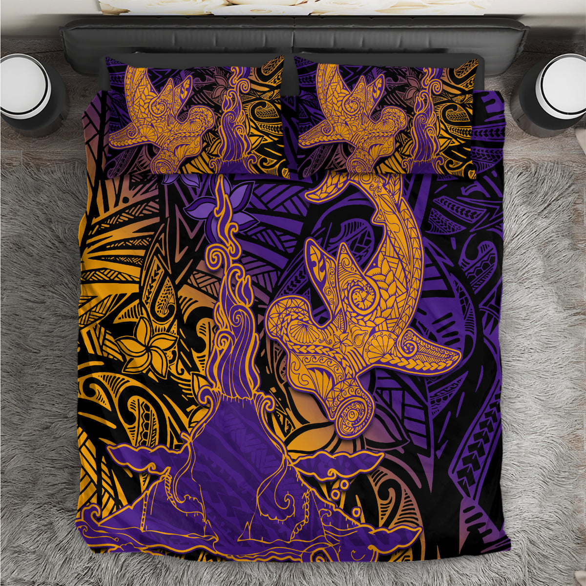 Hawaiian Volcano and Shark Bedding Set Polynesian and Hibiscus Pattern Purple Yellow Gradient LT03 Purple - Polynesian Pride