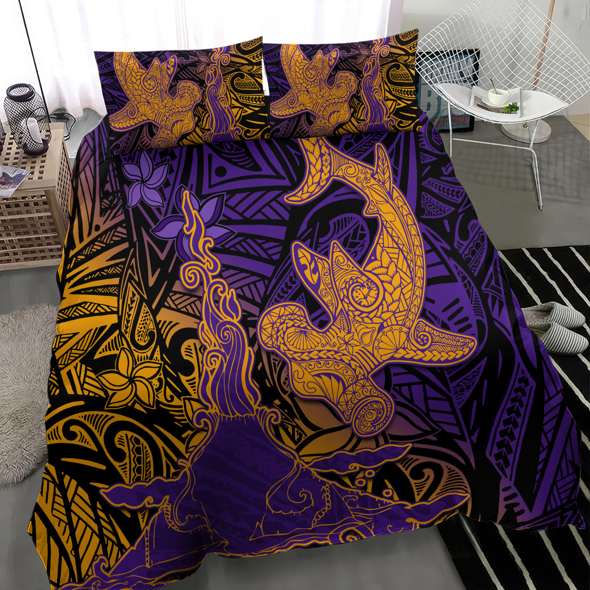 Hawaiian Volcano and Shark Bedding Set Polynesian and Hibiscus Pattern Purple Yellow Gradient LT03 - Polynesian Pride