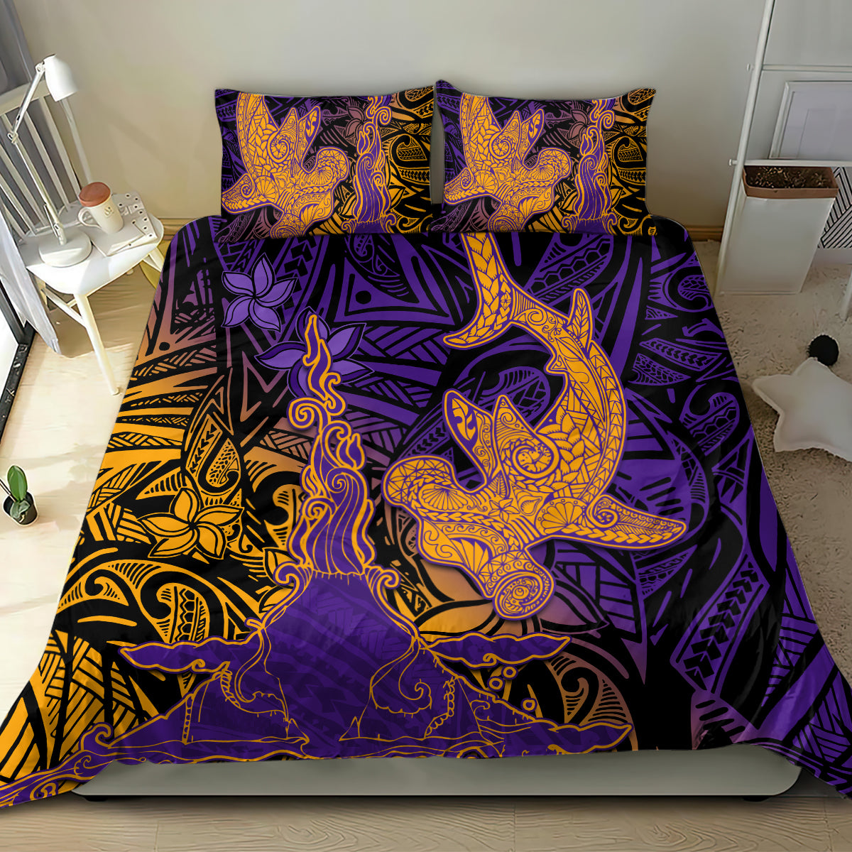 Hawaiian Volcano and Shark Bedding Set Polynesian and Hibiscus Pattern Purple Yellow Gradient LT03 - Polynesian Pride