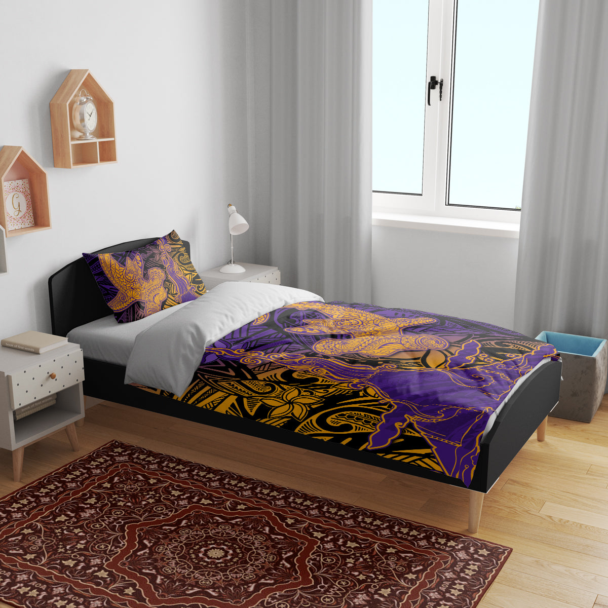 Hawaiian Volcano and Shark Bedding Set Polynesian and Hibiscus Pattern Purple Yellow Gradient LT03 - Polynesian Pride