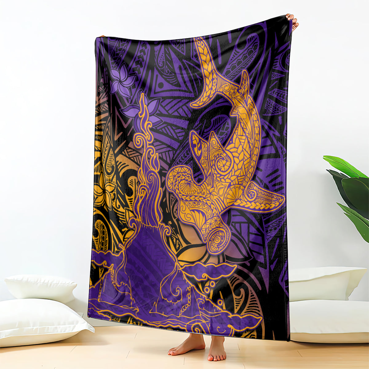Hawaiian Volcano and Shark Blanket Polynesian and Hibiscus Pattern Purple Yellow Gradient LT03 - Polynesian Pride