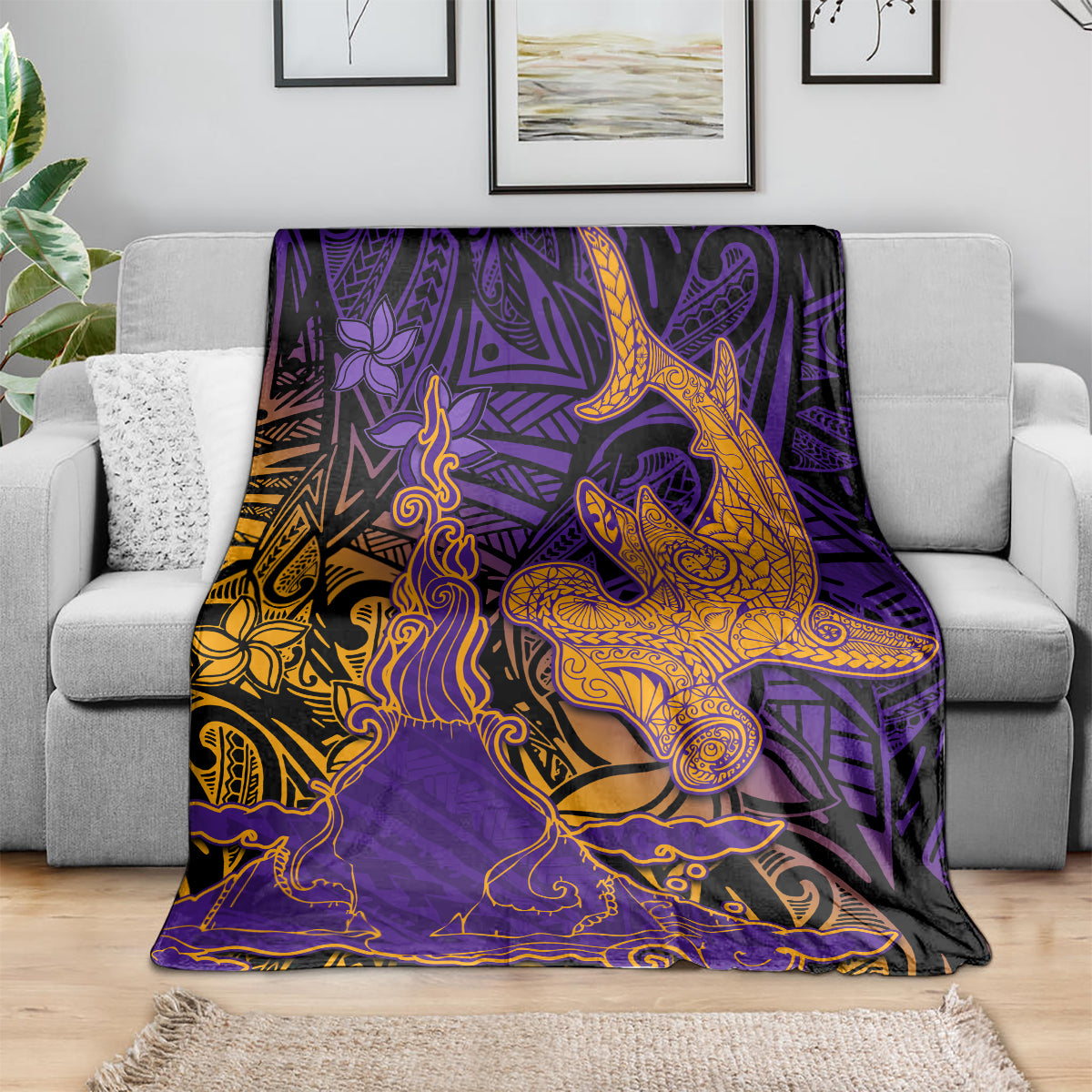 Hawaiian Volcano and Shark Blanket Polynesian and Hibiscus Pattern Purple Yellow Gradient LT03 - Polynesian Pride