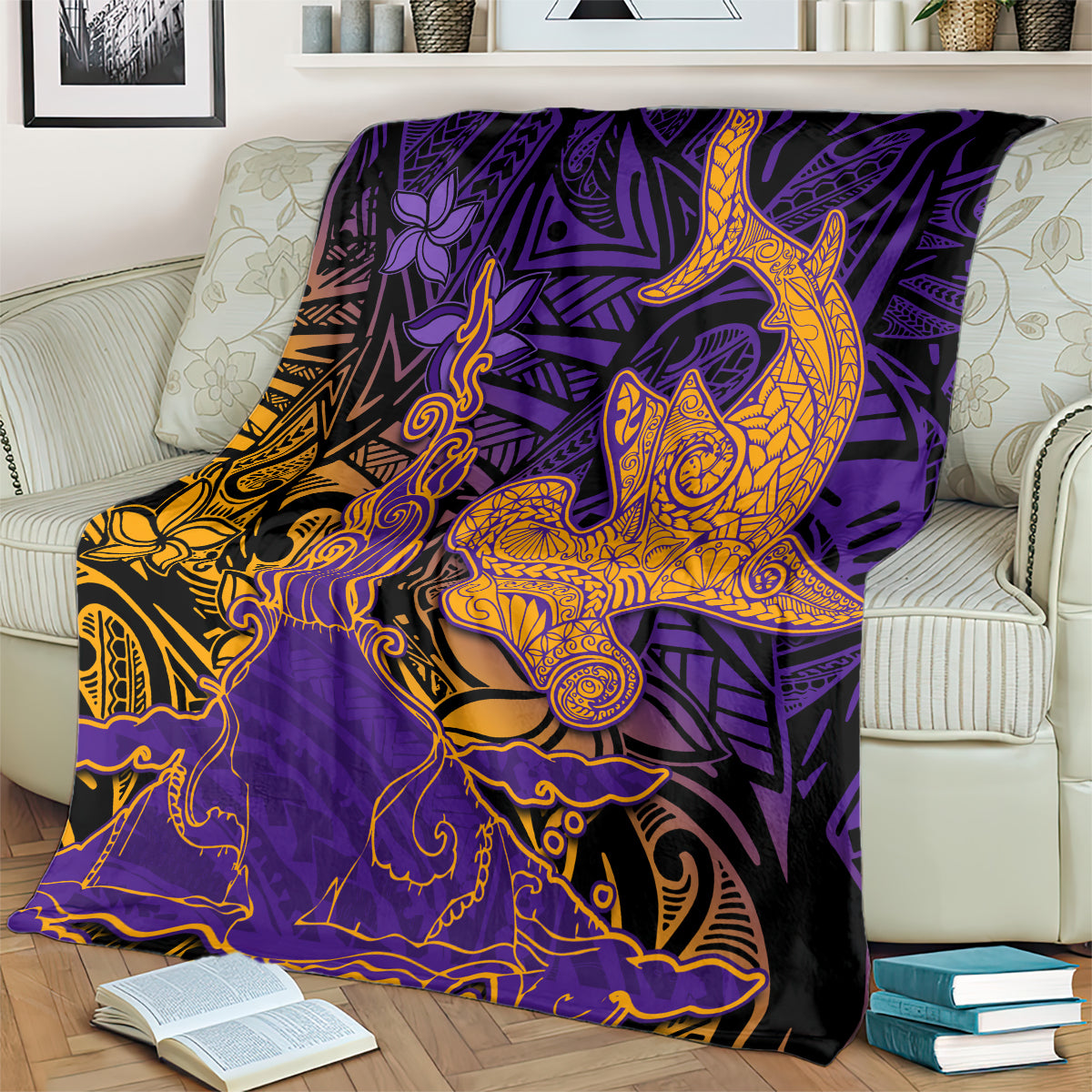 Hawaiian Volcano and Shark Blanket Polynesian and Hibiscus Pattern Purple Yellow Gradient LT03 - Polynesian Pride