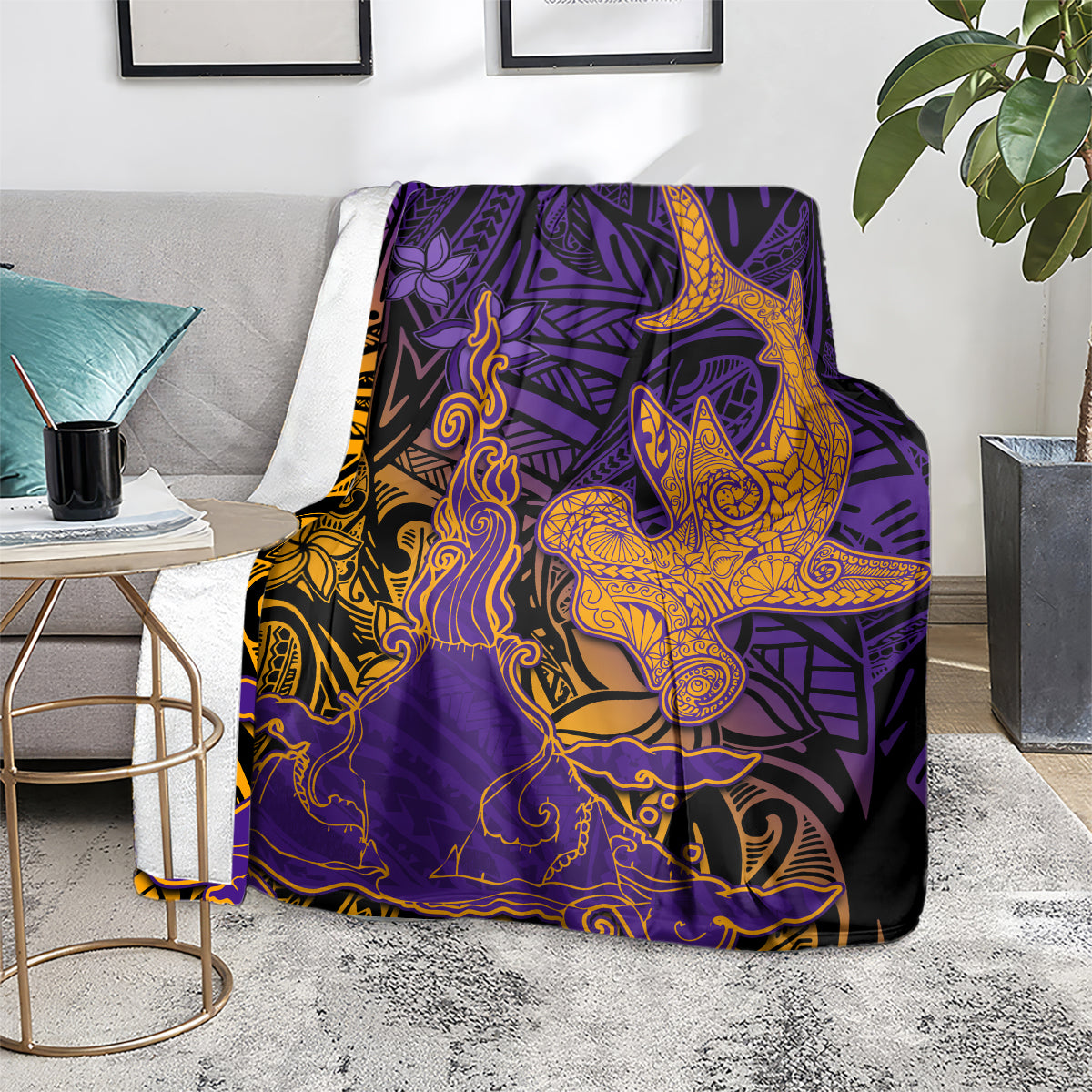 Hawaiian Volcano and Shark Blanket Polynesian and Hibiscus Pattern Purple Yellow Gradient LT03 - Polynesian Pride