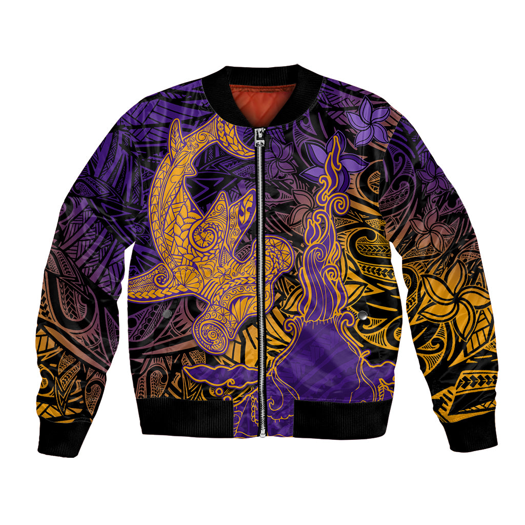 Hawaiian Volcano and Shark Bomber Jacket Polynesian and Hibiscus Pattern Purple Yellow Gradient LT03 Unisex Purple - Polynesian Pride