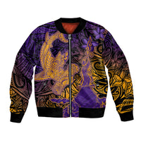 Hawaiian Volcano and Shark Bomber Jacket Polynesian and Hibiscus Pattern Purple Yellow Gradient LT03 Unisex Purple - Polynesian Pride