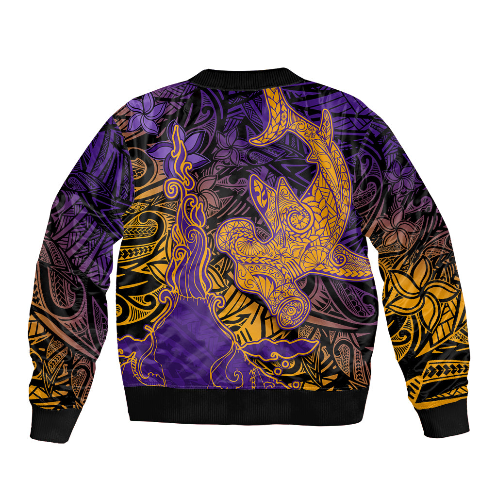 Hawaiian Volcano and Shark Bomber Jacket Polynesian and Hibiscus Pattern Purple Yellow Gradient LT03 - Polynesian Pride