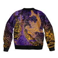 Hawaiian Volcano and Shark Bomber Jacket Polynesian and Hibiscus Pattern Purple Yellow Gradient LT03 - Polynesian Pride