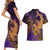 Hawaiian Volcano and Shark Couples Matching Short Sleeve Bodycon Dress and Hawaiian Shirt Polynesian and Hibiscus Pattern Purple Yellow Gradient