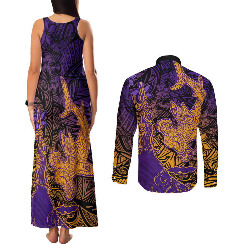 Hawaiian Volcano and Shark Couples Matching Tank Maxi Dress and Long Sleeve Button Shirt Polynesian and Hibiscus Pattern Purple Yellow Gradient LT03 - Polynesian Pride