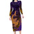 Hawaiian Volcano and Shark Family Matching Long Sleeve Bodycon Dress and Hawaiian Shirt Polynesian and Hibiscus Pattern Purple Yellow Gradient