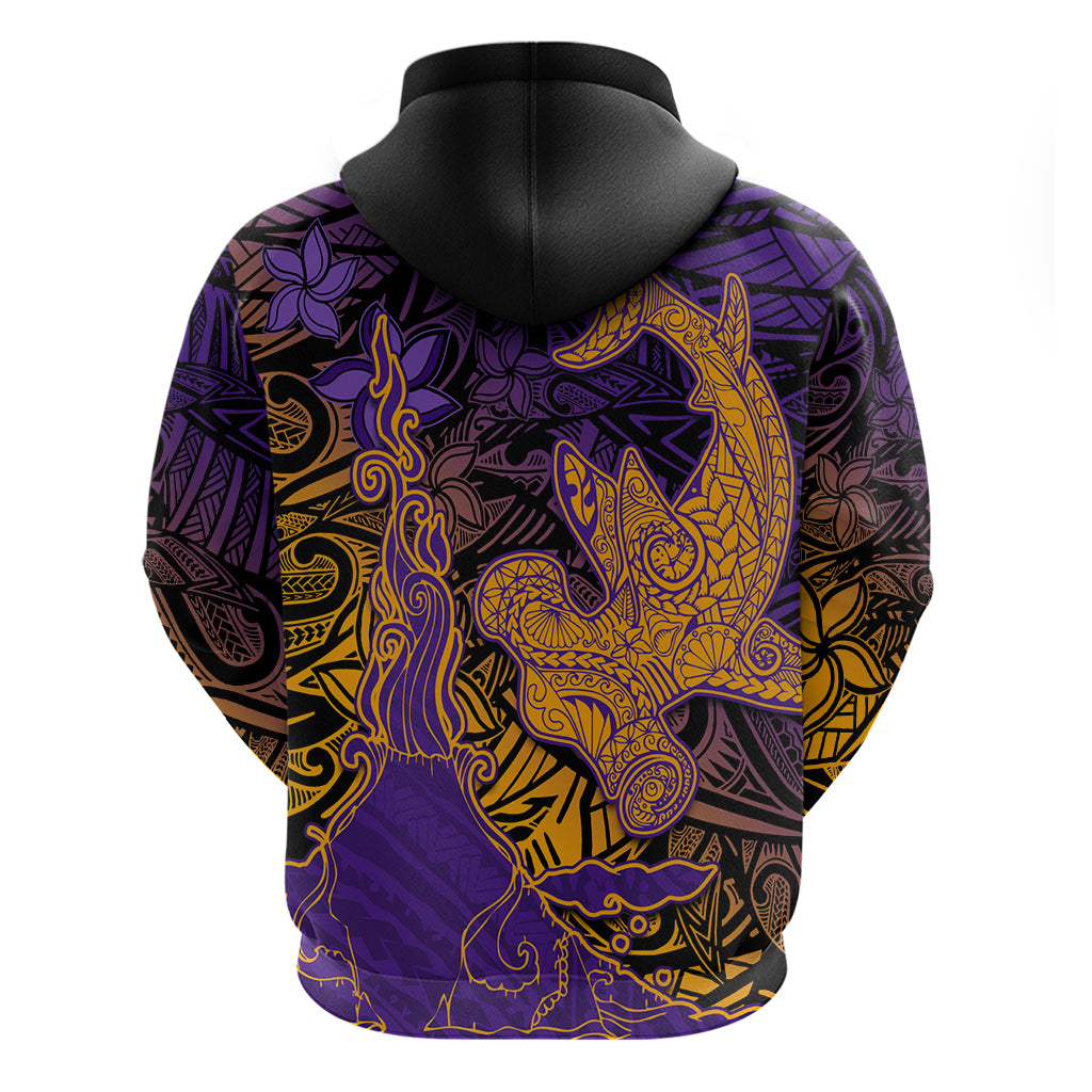 Hawaiian Volcano and Shark Hoodie Polynesian and Hibiscus Pattern Purple Yellow Gradient LT03 - Polynesian Pride