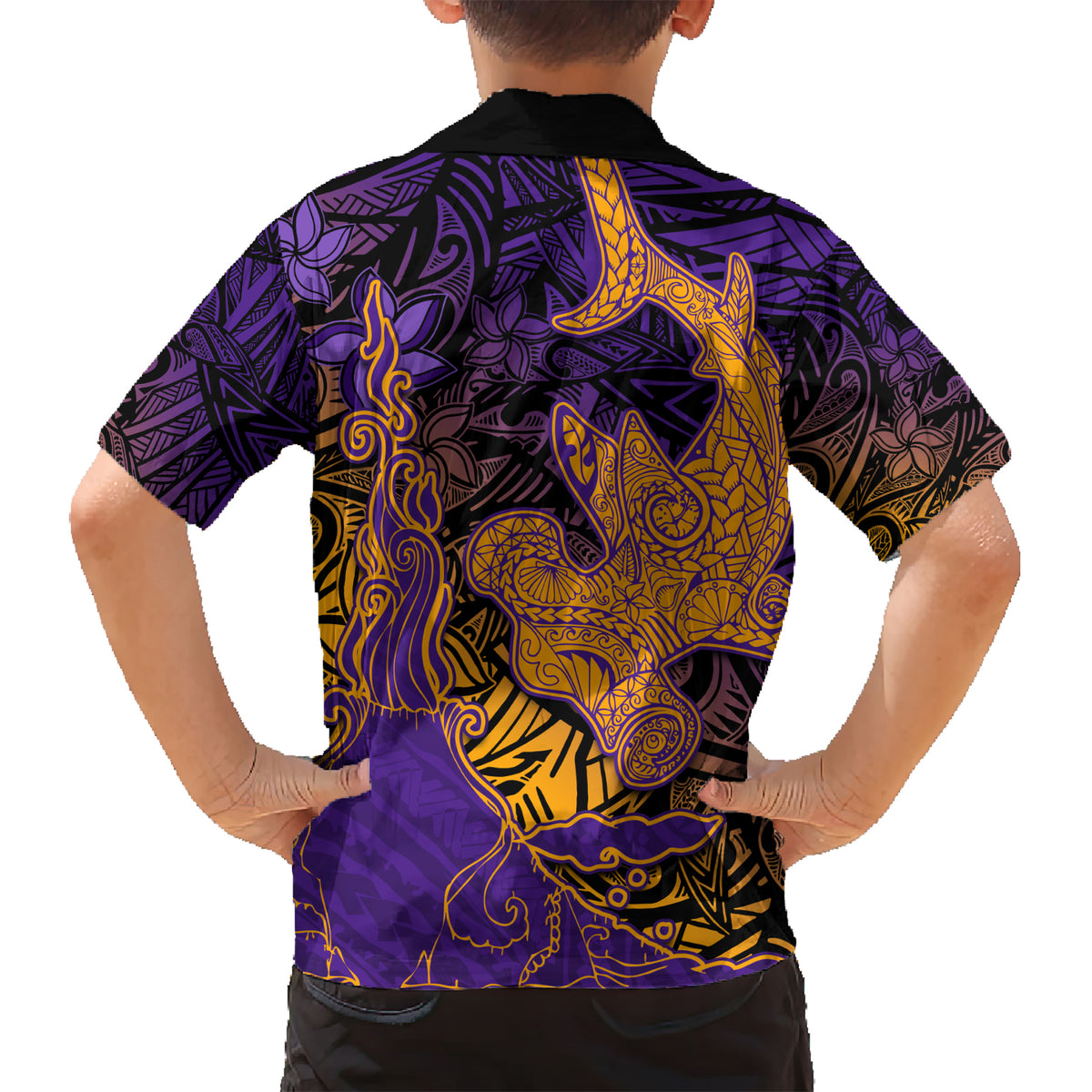 Hawaiian Volcano and Shark Kid Hawaiian Shirt Polynesian and Hibiscus Pattern Purple Yellow Gradient LT03 - Polynesian Pride