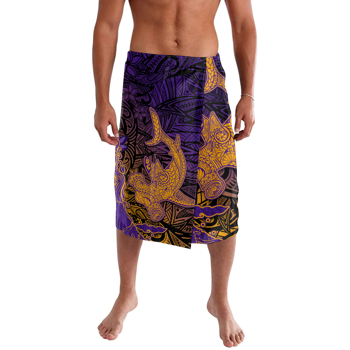 Hawaiian Volcano and Shark Lavalava Polynesian and Hibiscus Pattern Purple Yellow Gradient LT03 Purple - Polynesian Pride
