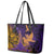 Hawaiian Volcano and Shark Leather Tote Bag Polynesian and Hibiscus Pattern Purple Yellow Gradient