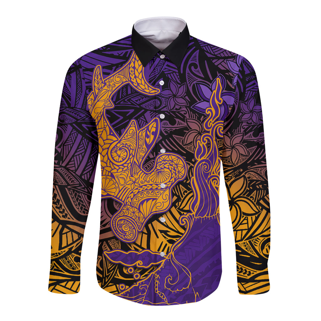 Hawaiian Volcano and Shark Long Sleeve Button Shirt Polynesian and Hibiscus Pattern Purple Yellow Gradient