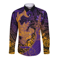 Hawaiian Volcano and Shark Long Sleeve Button Shirt Polynesian and Hibiscus Pattern Purple Yellow Gradient LT03 Unisex Purple - Polynesian Pride