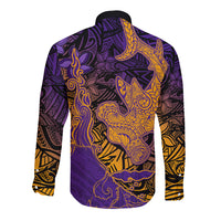 Hawaiian Volcano and Shark Long Sleeve Button Shirt Polynesian and Hibiscus Pattern Purple Yellow Gradient LT03 - Polynesian Pride