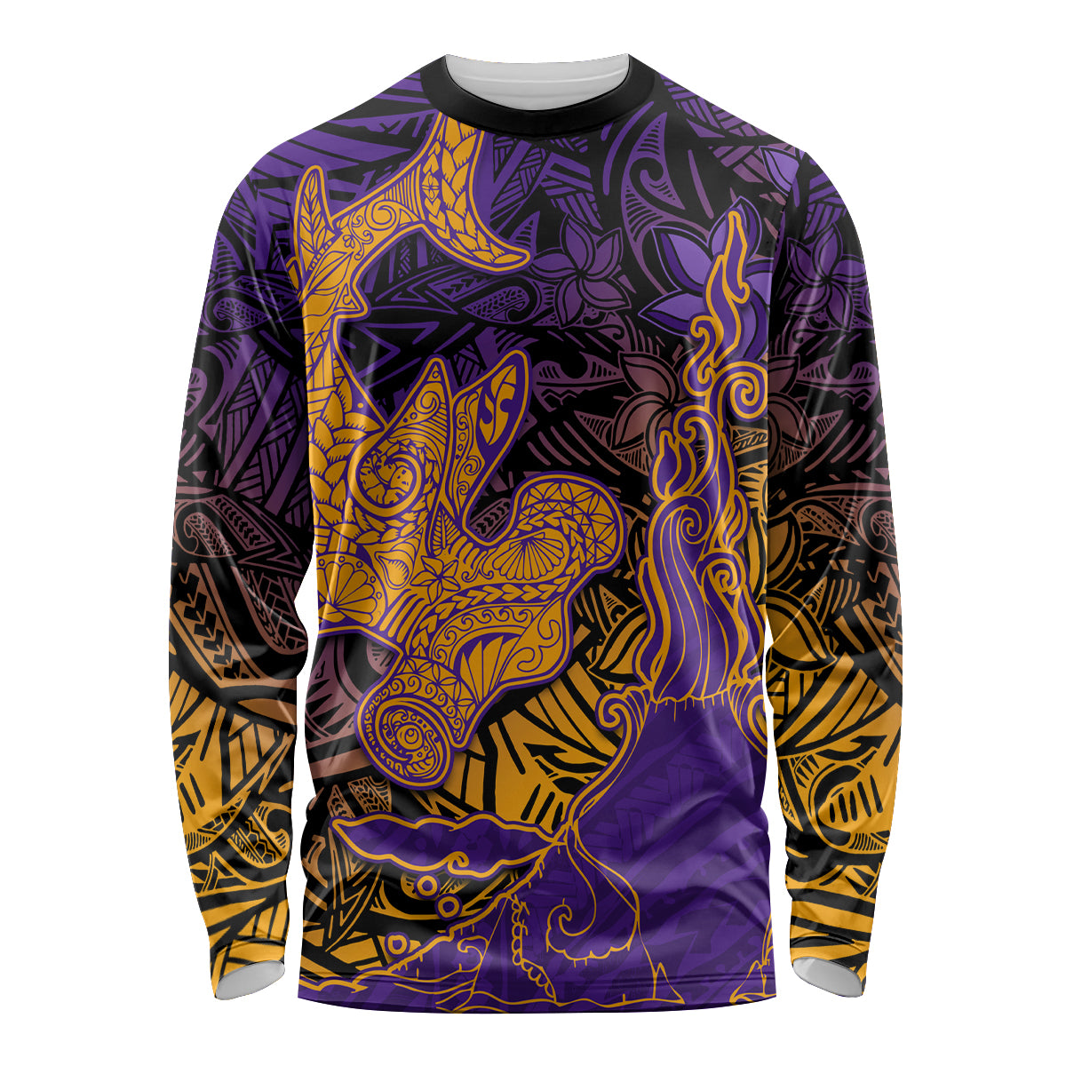 Hawaiian Volcano and Shark Long Sleeve Shirt Polynesian and Hibiscus Pattern Purple Yellow Gradient LT03 Unisex Purple - Polynesian Pride