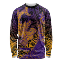 Hawaiian Volcano and Shark Long Sleeve Shirt Polynesian and Hibiscus Pattern Purple Yellow Gradient LT03 Unisex Purple - Polynesian Pride
