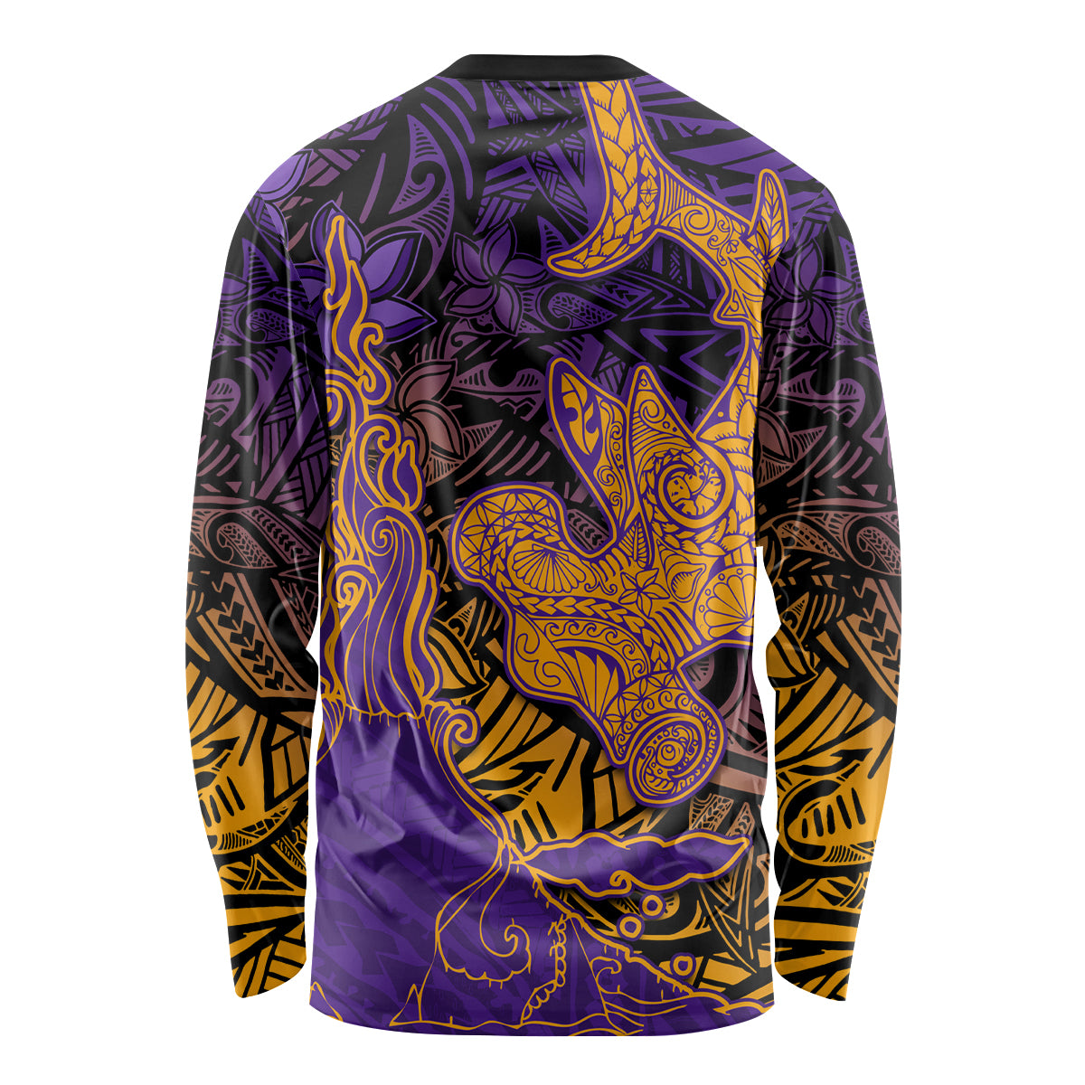 Hawaiian Volcano and Shark Long Sleeve Shirt Polynesian and Hibiscus Pattern Purple Yellow Gradient LT03 - Polynesian Pride