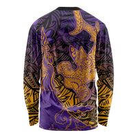 Hawaiian Volcano and Shark Long Sleeve Shirt Polynesian and Hibiscus Pattern Purple Yellow Gradient LT03 - Polynesian Pride