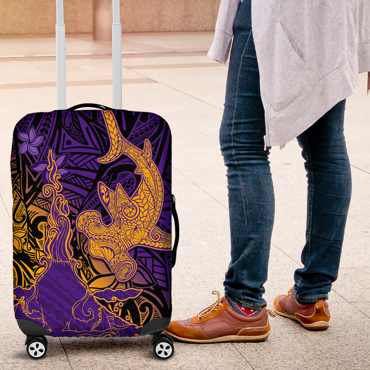 Hawaiian Volcano and Shark Luggage Cover Polynesian and Hibiscus Pattern Purple Yellow Gradient LT03 Purple - Polynesian Pride