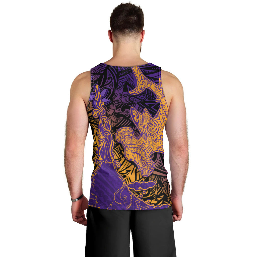 Hawaiian Volcano and Shark Men Tank Top Polynesian and Hibiscus Pattern Purple Yellow Gradient LT03 - Polynesian Pride