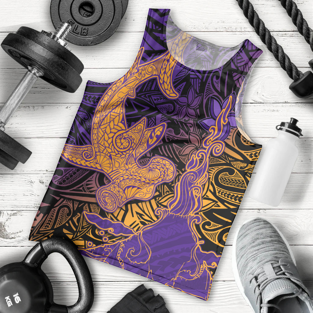 Hawaiian Volcano and Shark Men Tank Top Polynesian and Hibiscus Pattern Purple Yellow Gradient LT03 - Polynesian Pride