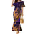 Hawaiian Volcano and Shark Mermaid Dress Polynesian and Hibiscus Pattern Purple Yellow Gradient