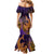 Hawaiian Volcano and Shark Mermaid Dress Polynesian and Hibiscus Pattern Purple Yellow Gradient