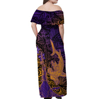 Hawaiian Volcano and Shark Off Shoulder Maxi Dress Polynesian and Hibiscus Pattern Purple Yellow Gradient LT03 - Polynesian Pride