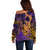 Hawaiian Volcano and Shark Off Shoulder Sweater Polynesian and Hibiscus Pattern Purple Yellow Gradient