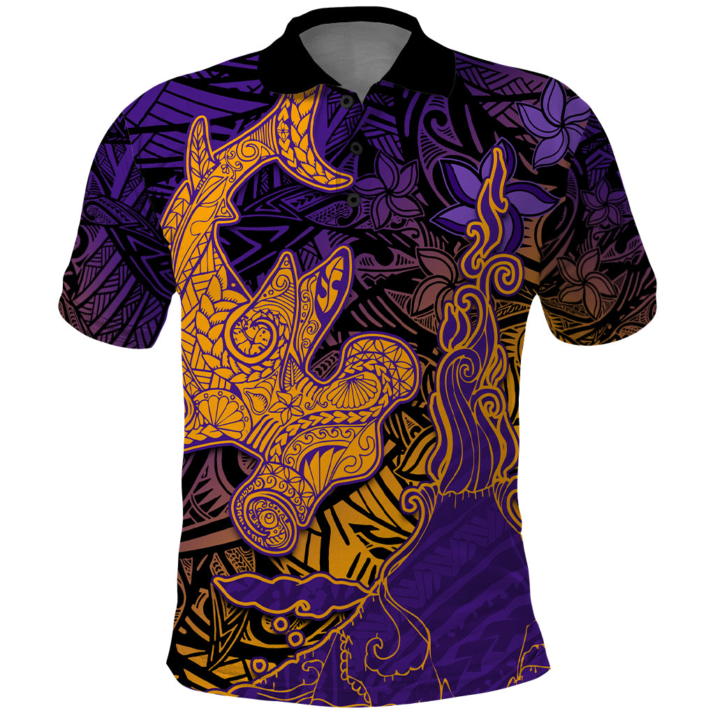 Hawaiian Volcano and Shark Polo Shirt Polynesian and Hibiscus Pattern Purple Yellow Gradient LT03 Purple - Polynesian Pride