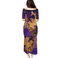 Hawaiian Volcano and Shark Puletasi Polynesian and Hibiscus Pattern Purple Yellow Gradient LT03 - Polynesian Pride