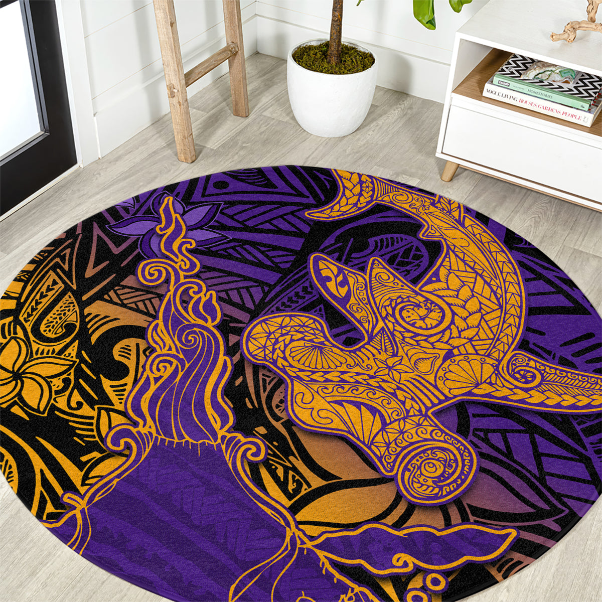 Hawaiian Volcano and Shark Round Carpet Polynesian and Hibiscus Pattern Purple Yellow Gradient LT03 Purple - Polynesian Pride