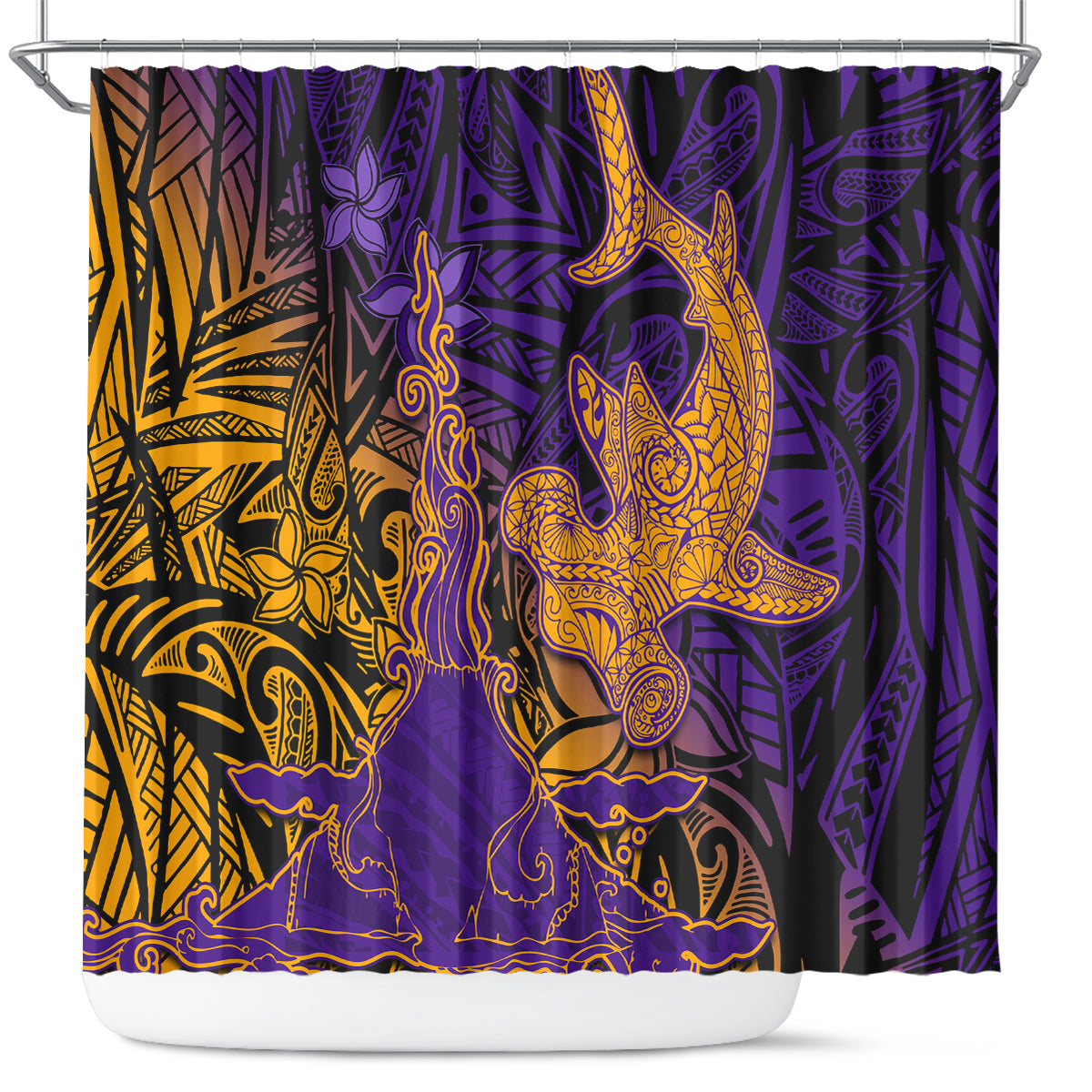 Hawaiian Volcano and Shark Shower Curtain Polynesian and Hibiscus Pattern Purple Yellow Gradient