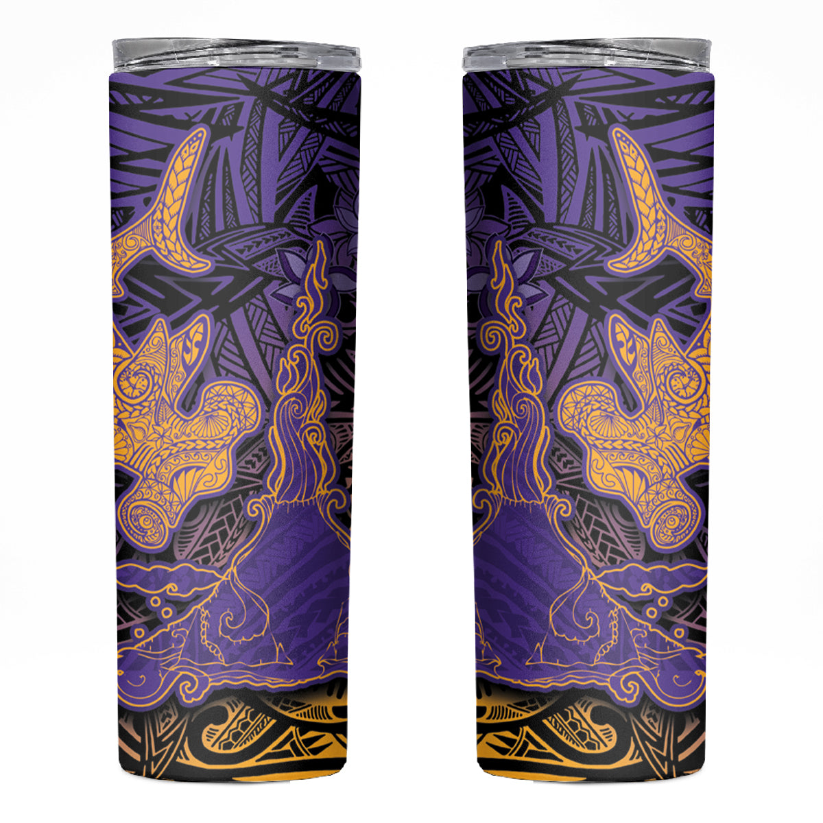Hawaiian Volcano and Shark Skinny Tumbler Polynesian and Hibiscus Pattern Purple Yellow Gradient LT03 Purple - Polynesian Pride