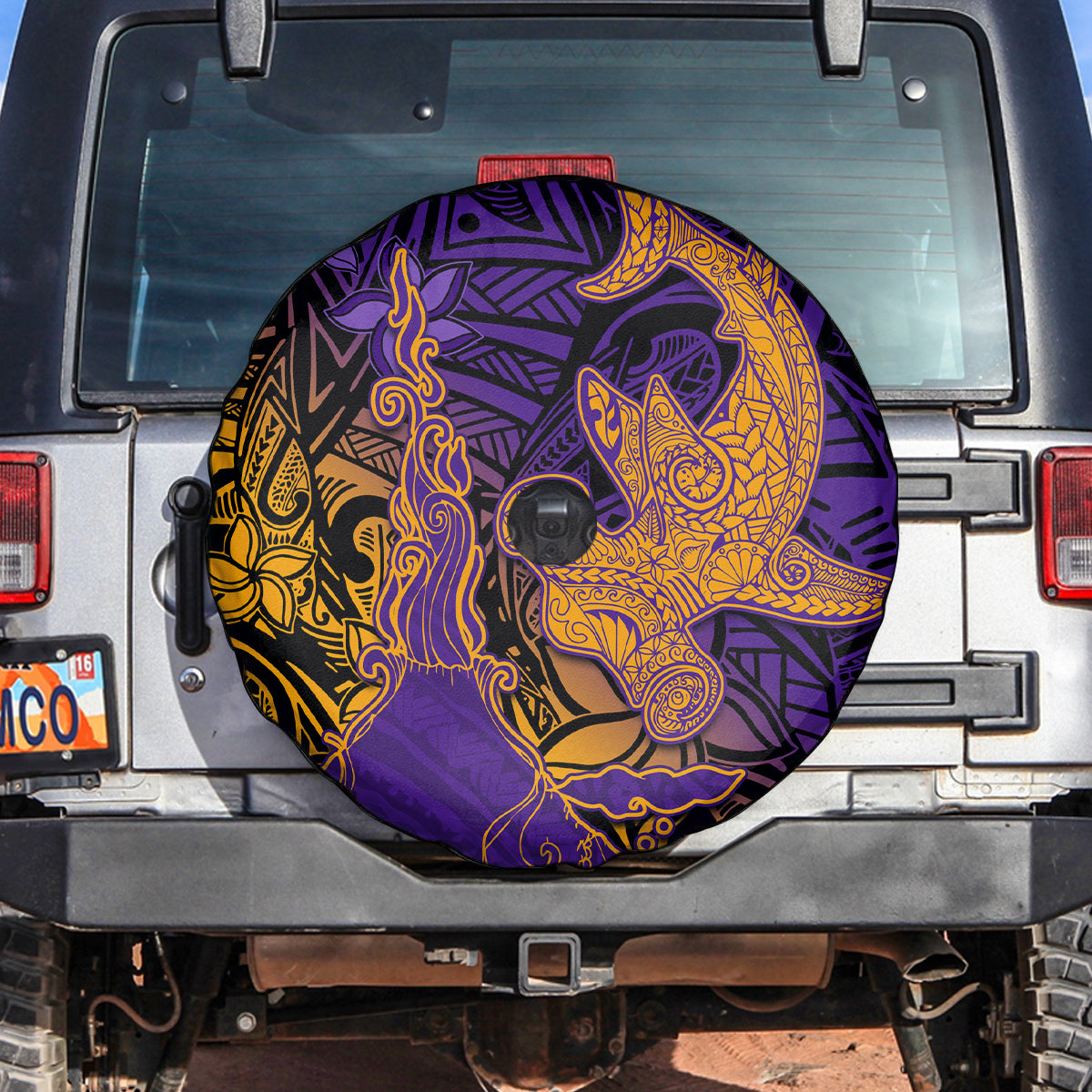 Hawaiian Volcano and Shark Spare Tire Cover Polynesian and Hibiscus Pattern Purple Yellow Gradient LT03 Purple - Polynesian Pride