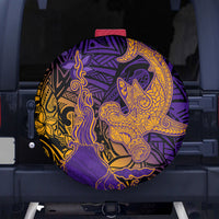 Hawaiian Volcano and Shark Spare Tire Cover Polynesian and Hibiscus Pattern Purple Yellow Gradient LT03 - Polynesian Pride
