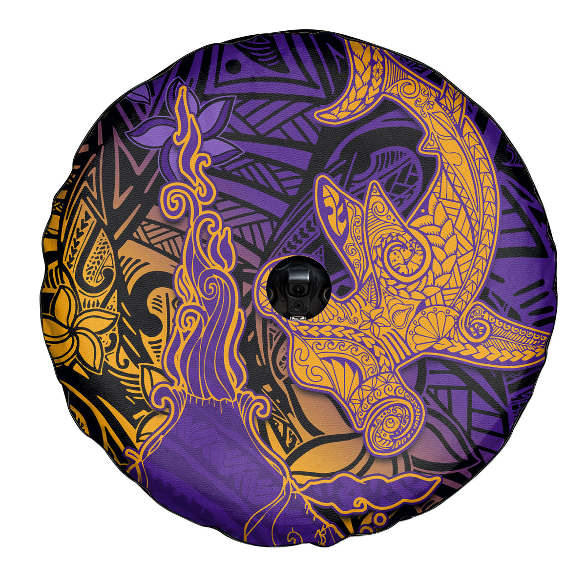 Hawaiian Volcano and Shark Spare Tire Cover Polynesian and Hibiscus Pattern Purple Yellow Gradient LT03 - Polynesian Pride