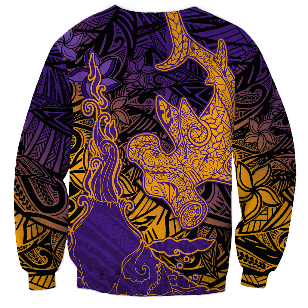 Hawaiian Volcano and Shark Sweatshirt Polynesian and Hibiscus Pattern Purple Yellow Gradient LT03 - Polynesian Pride